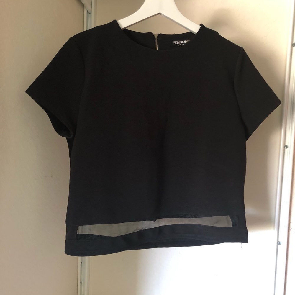 Fashion Union | Black Ribbed Crop Top w/ Sheer Panel